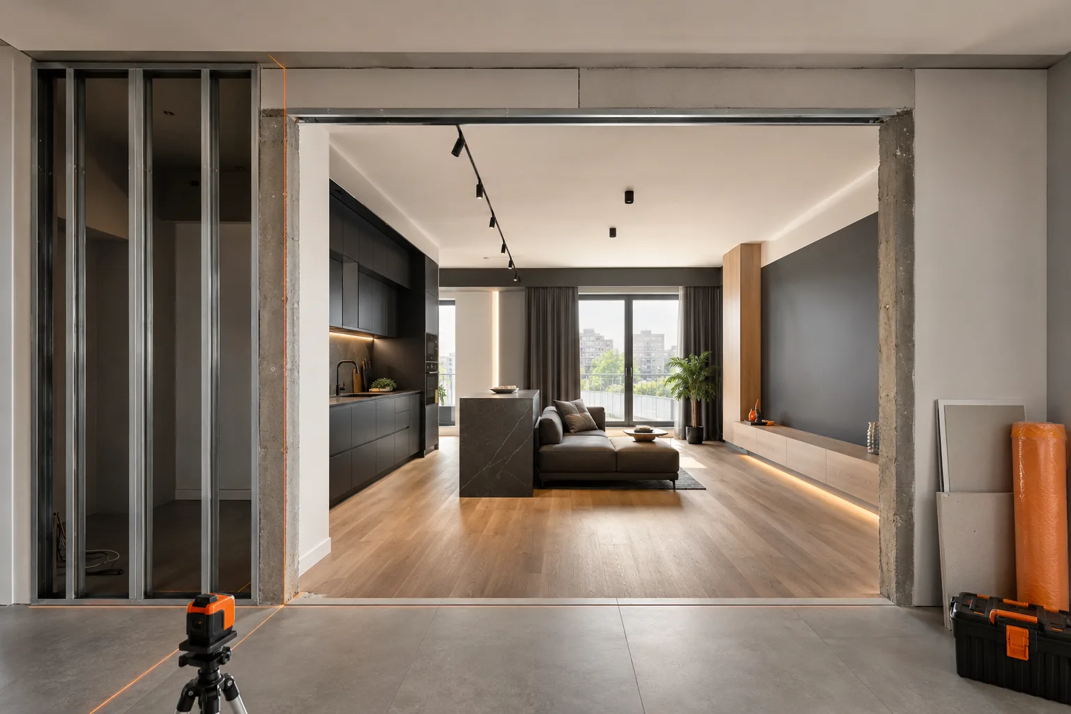 Open-plan living room and kitchen after an apartment layout redesign in Valencia
