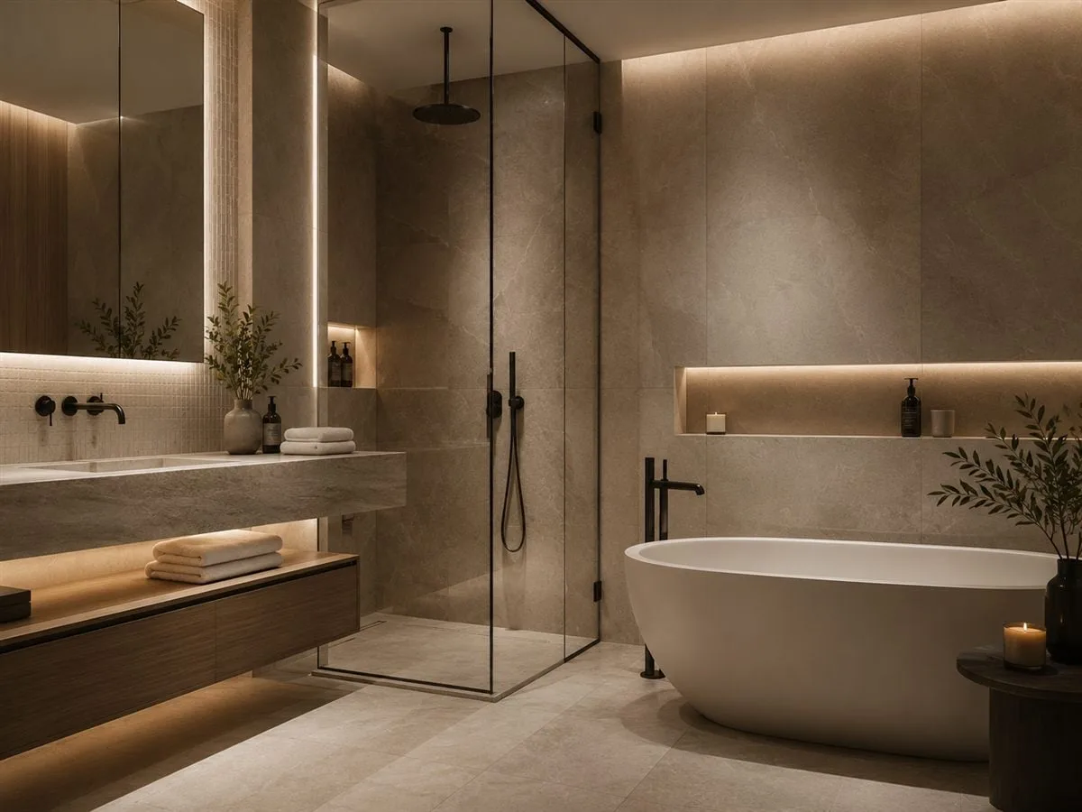Luxury bathroom renovation in Valencia with freestanding bathtub and walk-in shower