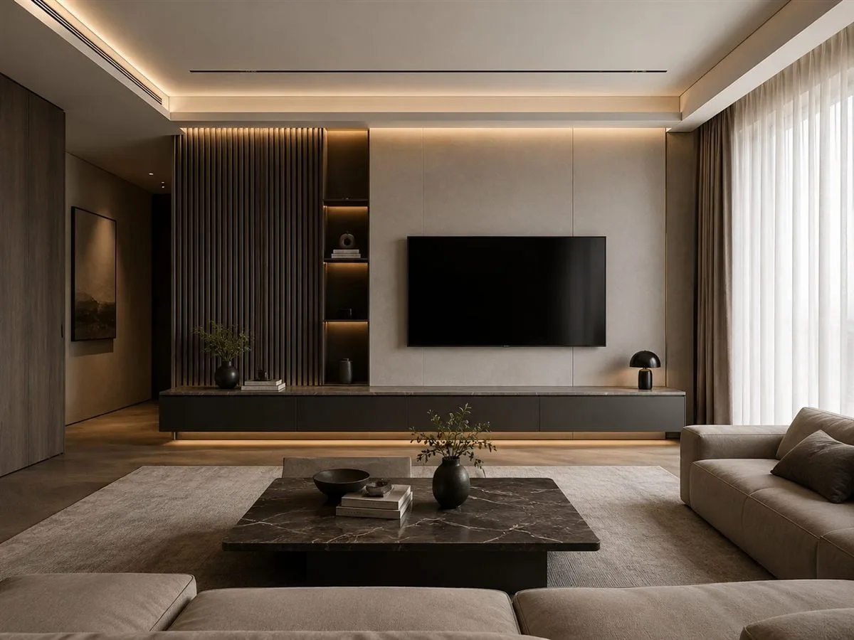Finished living room interior in Valencia with custom TV wall unit and lighting