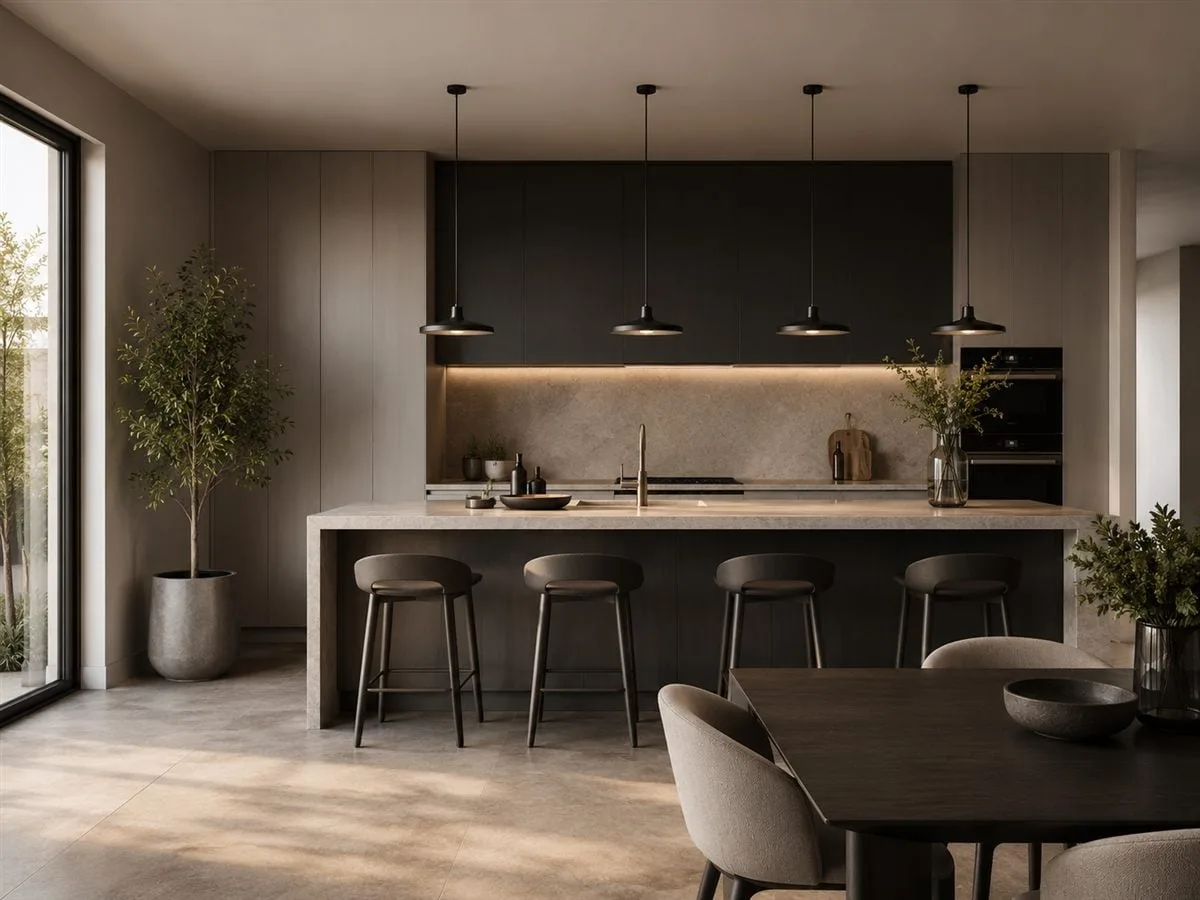 Modern kitchen renovation in Valencia with island, bar seating and dark cabinetry