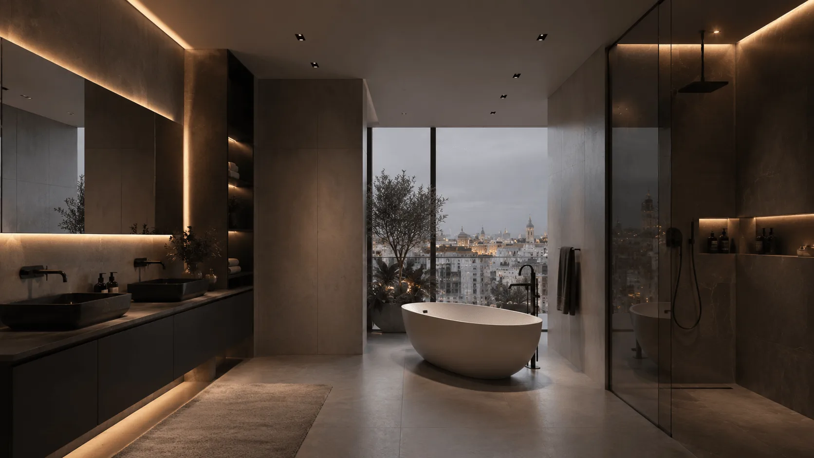 Luxury bathroom renovation in Valencia with freestanding tub and panoramic city view