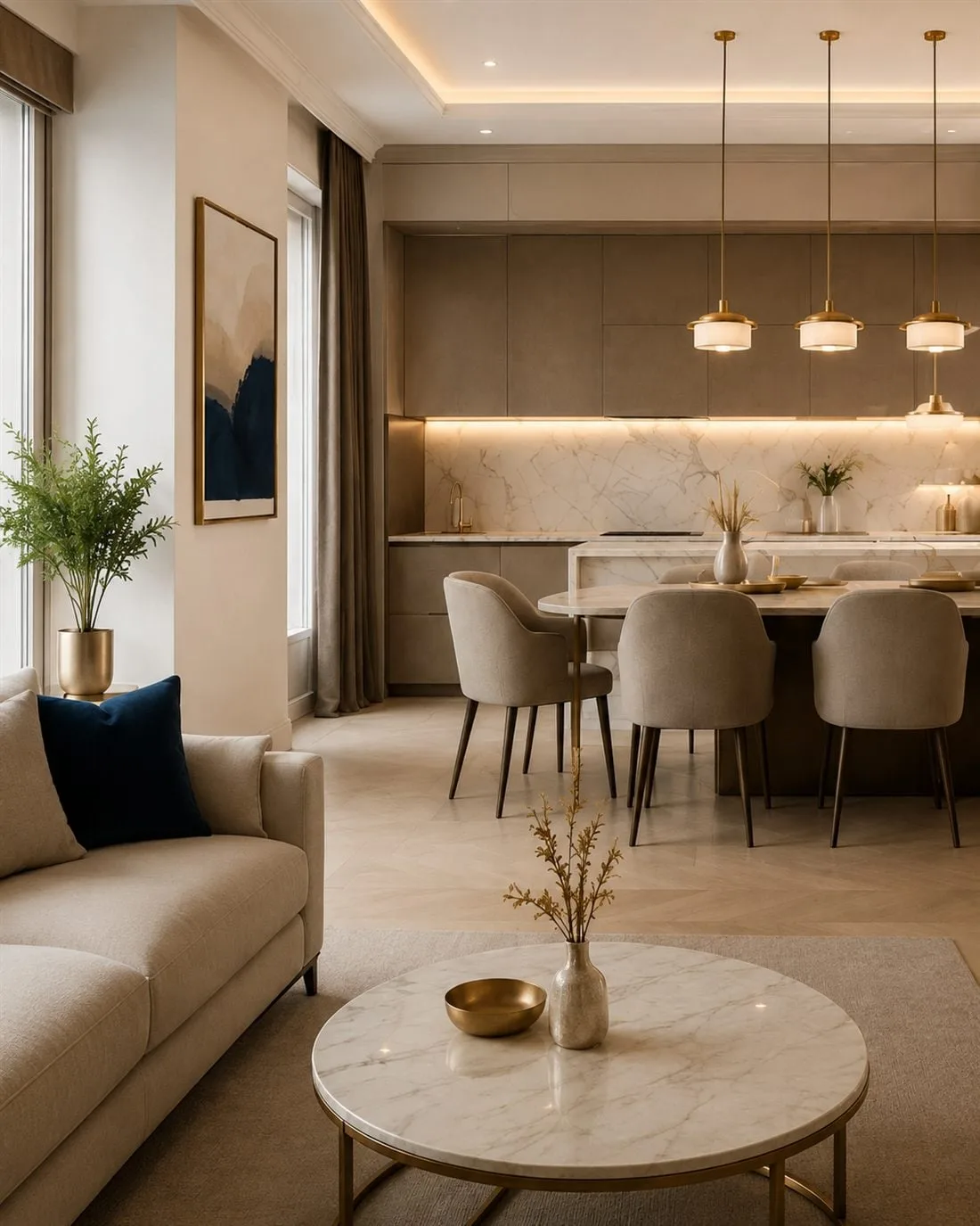Renovated open-plan kitchen and living room in Valencia with marble finishes and brass accents