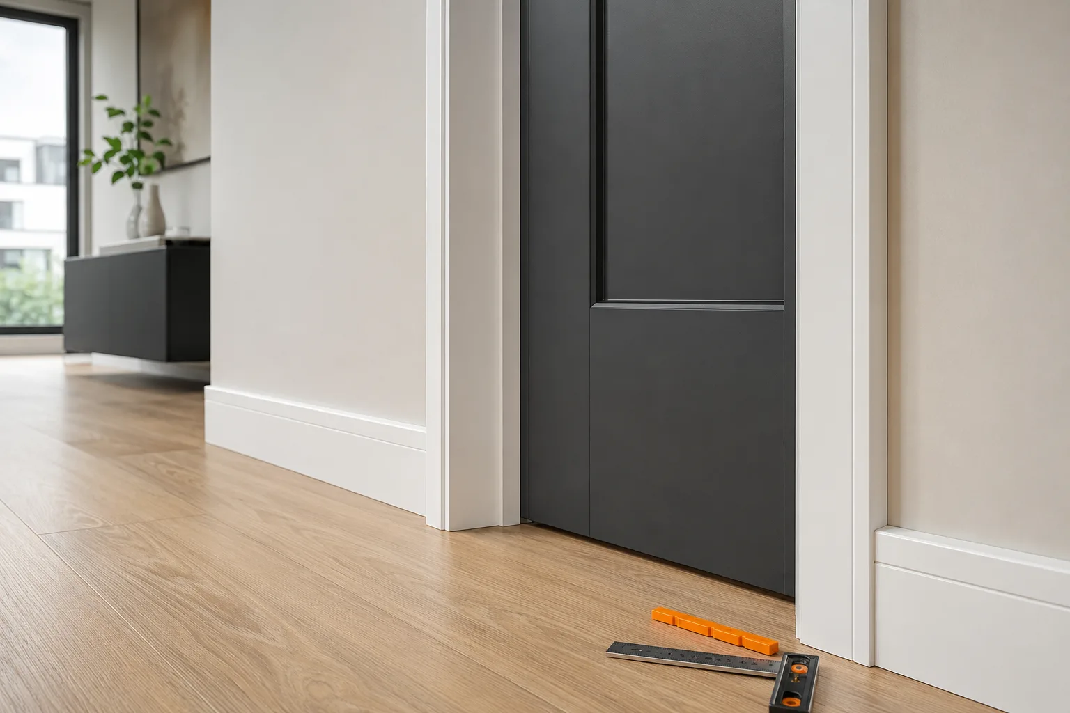 New skirting board fitted along fresh flooring in a Valencia apartment