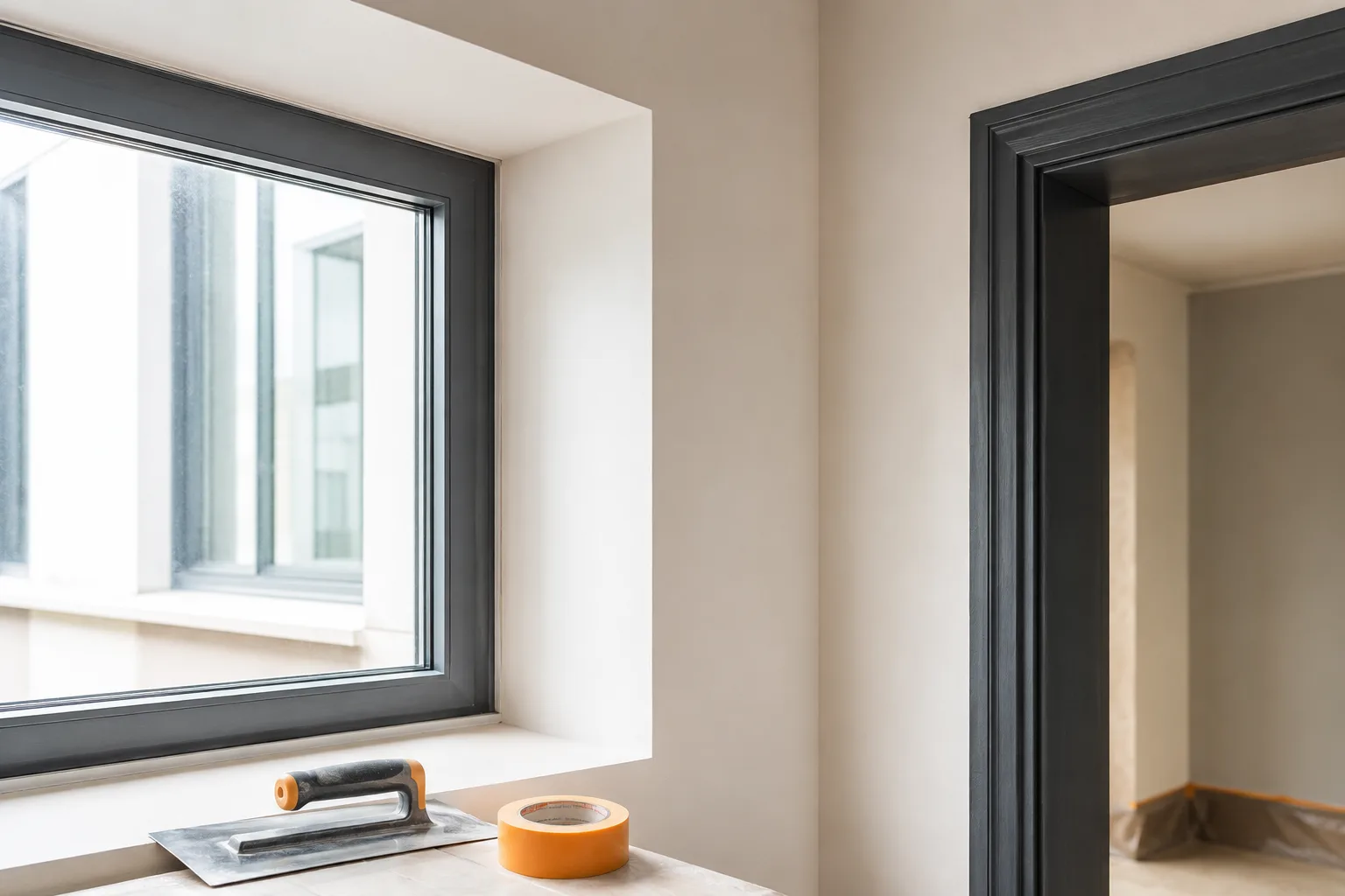 Freshly plastered and painted window reveal in a Valencia apartment